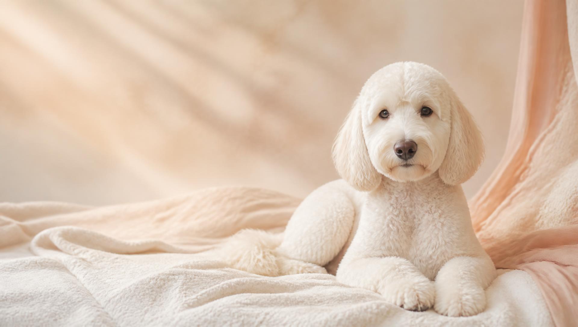 A freshly groomed white doodle resting on a cream blanket